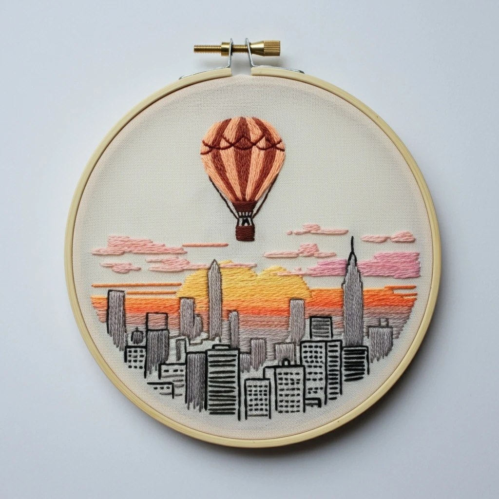 City Sunset Hot Air Balloon Embroidery