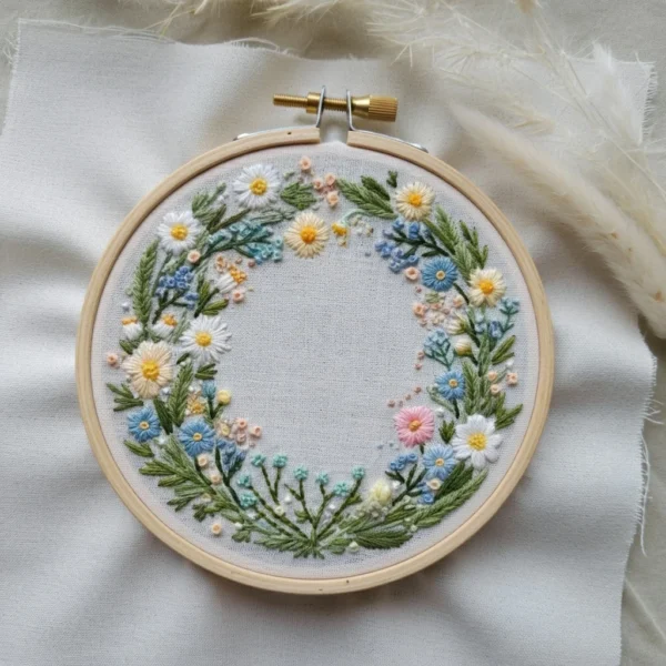 Classic Floral Wreath with Layered Detailing | Hand Embroidery Pattern PDF