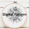 Classic Red & White Rose Bouquet with Gold Script | Hand Embroidery Pattern PDF