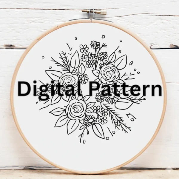 Classic Red & White Rose Bouquet with Gold Script | Hand Embroidery Pattern PDF