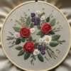 Classic Red & White Rose Bouquet with Gold Script | Hand Embroidery Pattern PDF