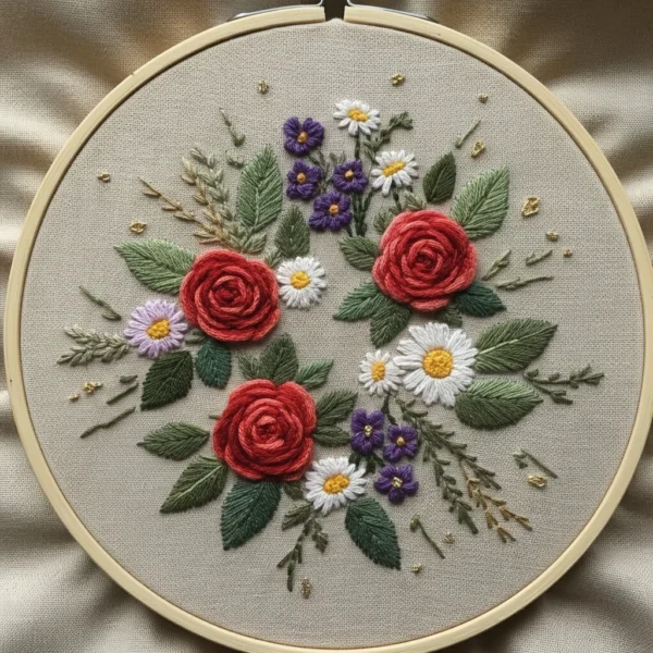 Classic Red & White Rose Bouquet with Gold Script | Hand Embroidery Pattern PDF