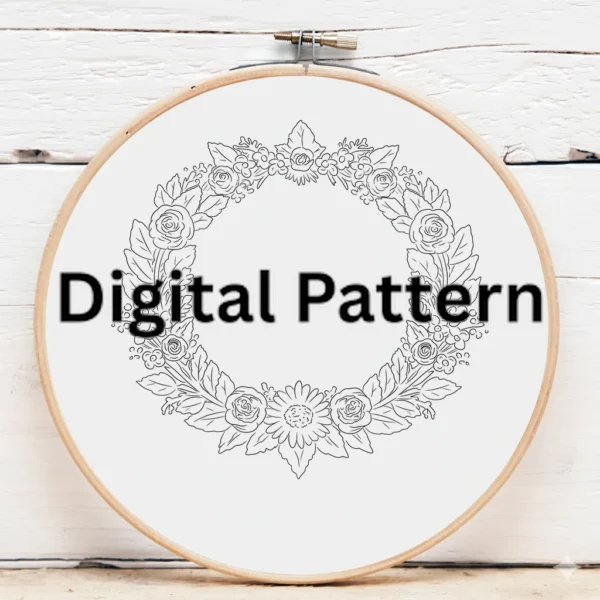 Classic Rose & Forget-Me-Not Wreath | Hand Embroidery Pattern PDF