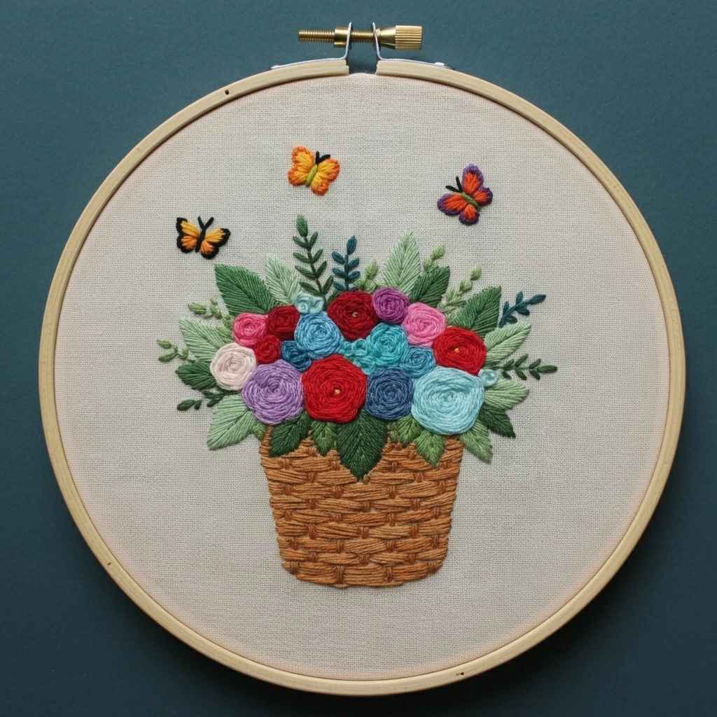 Colorful Flower Basket and Butterflies Embroidery