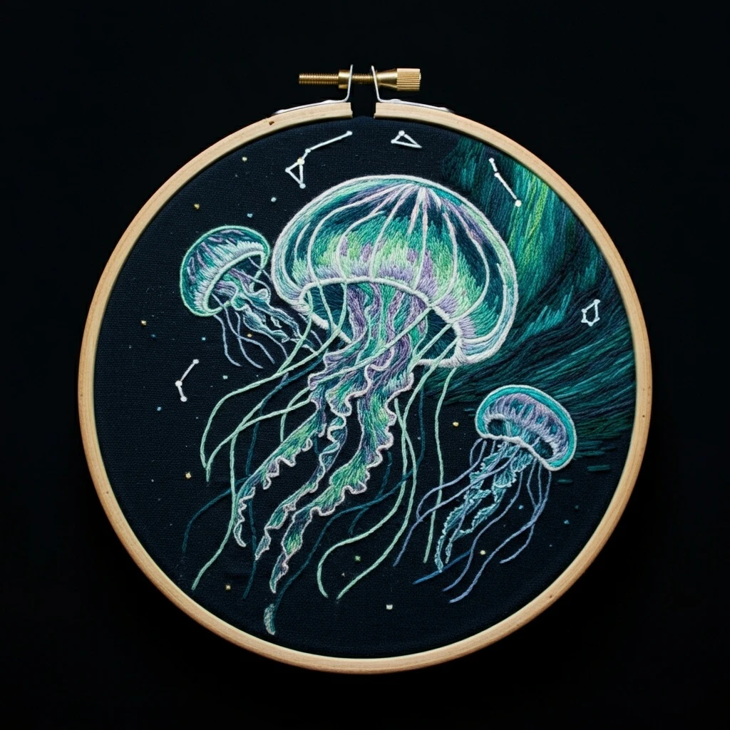 Cosmic Jellyfish Galaxy Embroidery Art