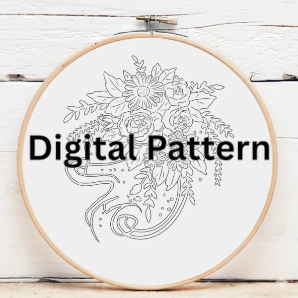 Country Garden Wreath with Red Roses and Purple Accents | Hand Embroidery Pattern PDF