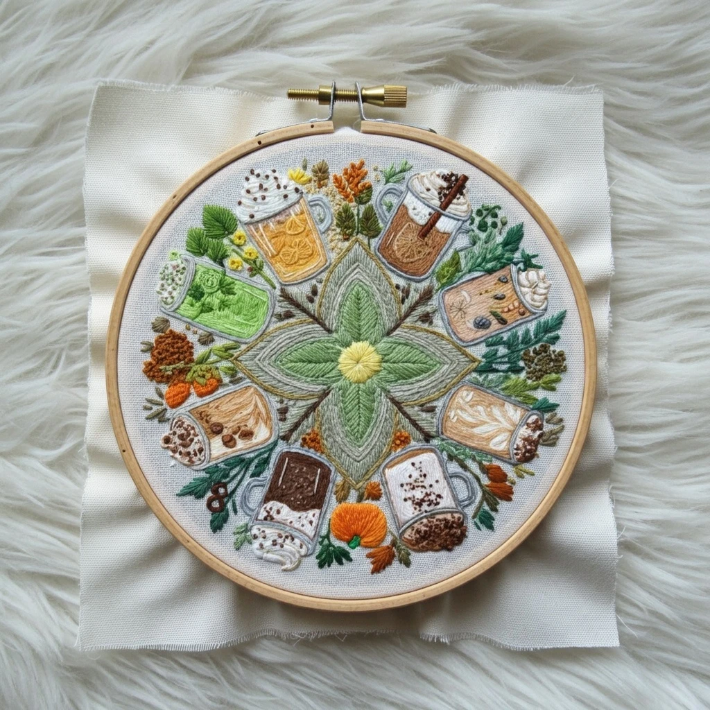 Cozy Autumn Beverage Mandala Hand Embroidery Pattern