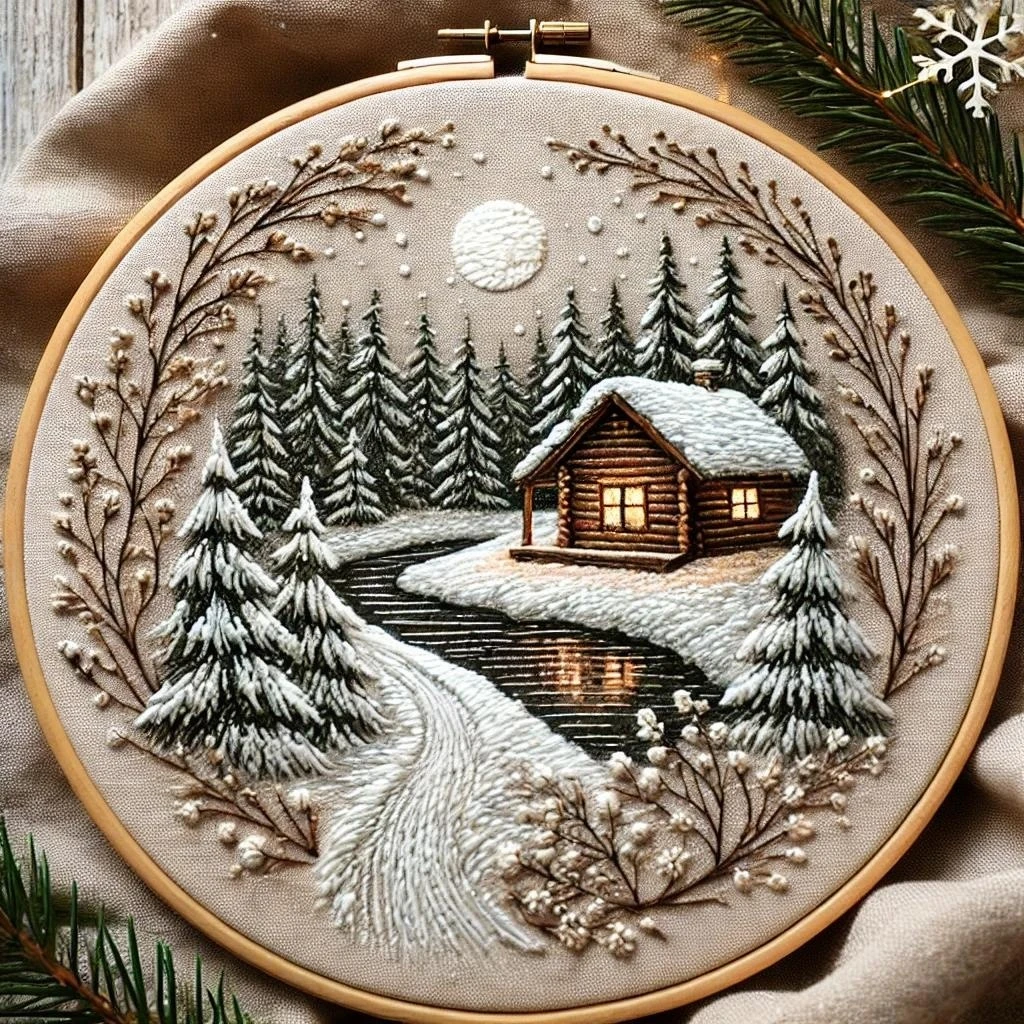 Cozy Cabin in a Snowy Winter Forest Embroidery Hoop Art