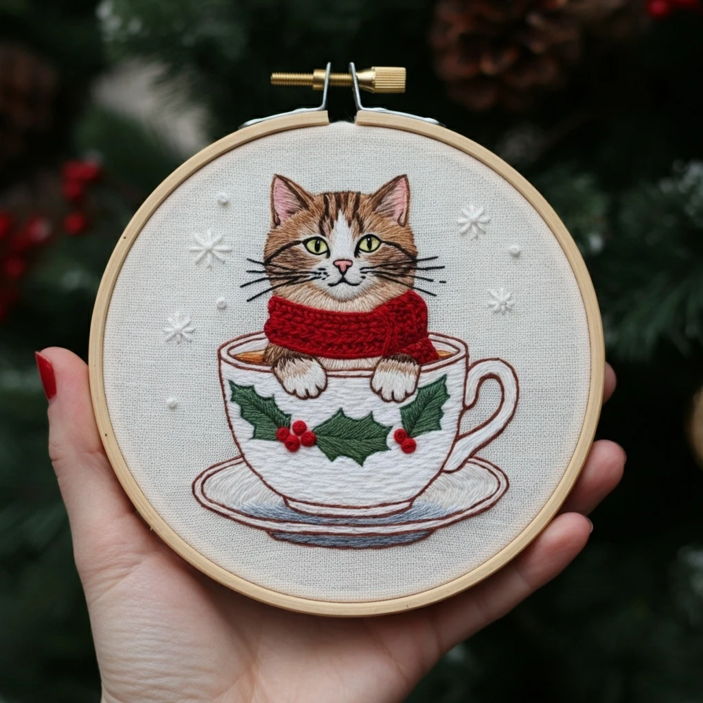 Cozy Cat in a Teacup Christmas Embroidery