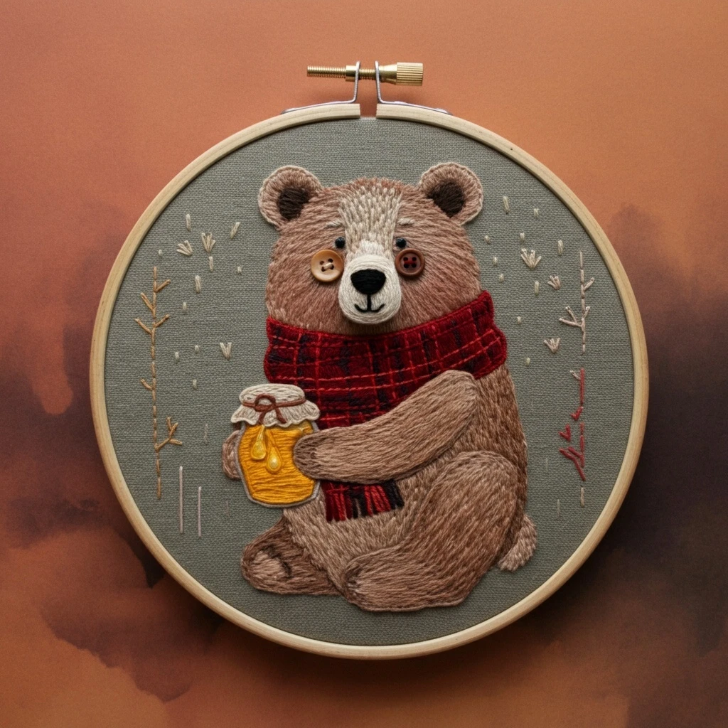 Cozy Embroidered Bear with Honey Jar