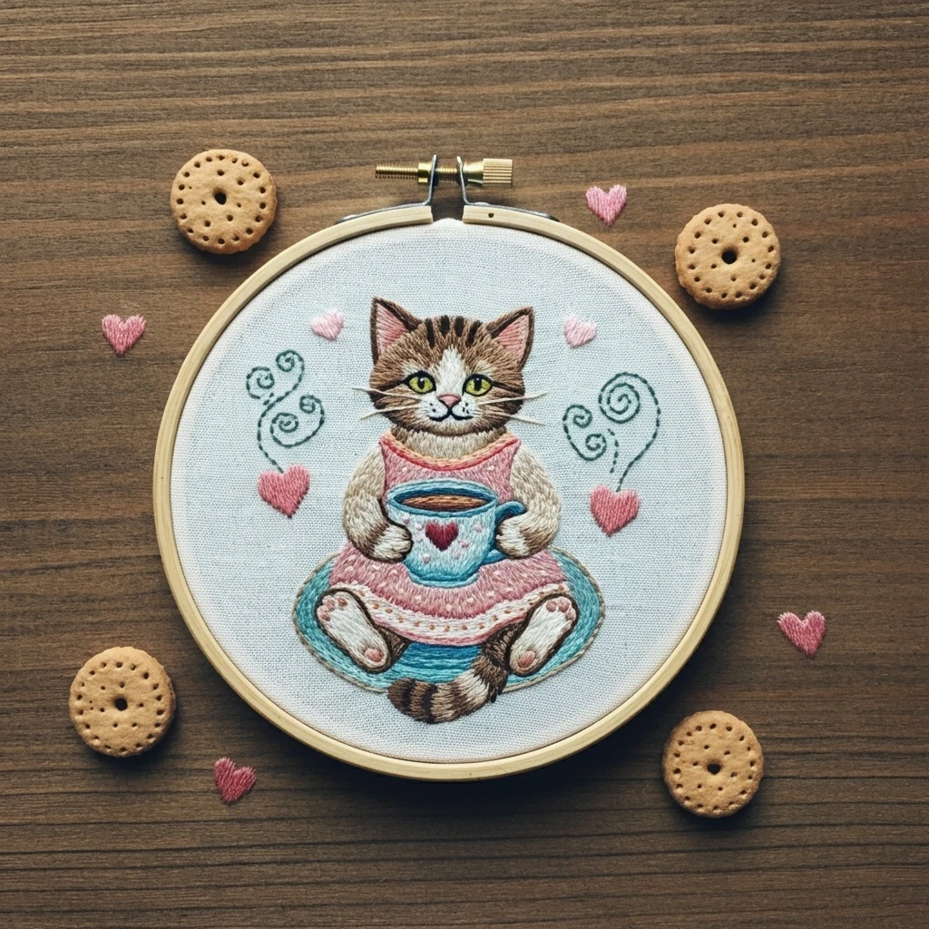 Cozy Kitty Tea Time Embroidery