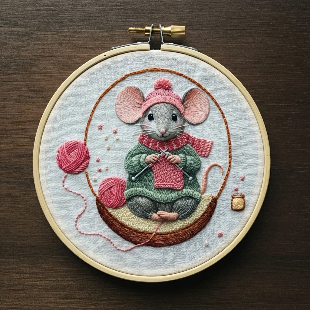 Cozy Knitter Mouse Embroidery Art