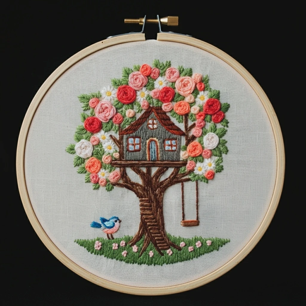 Cozy Treehouse Retreat Embroidery Hoop