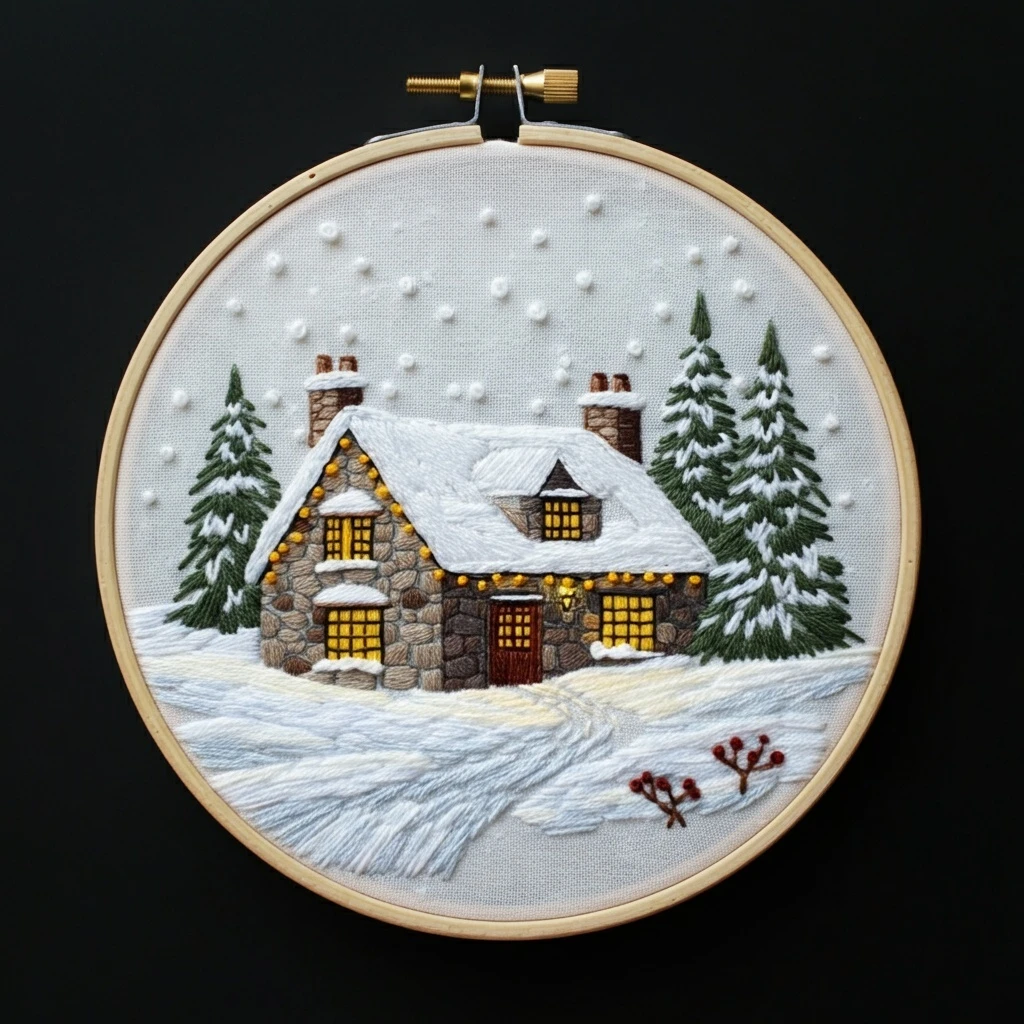 Cozy Winter Cabin Embroidery Art