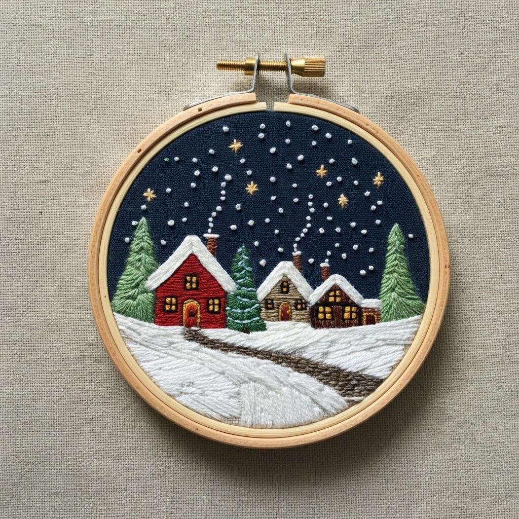 Cozy Winter Village Night Scene Embroidery