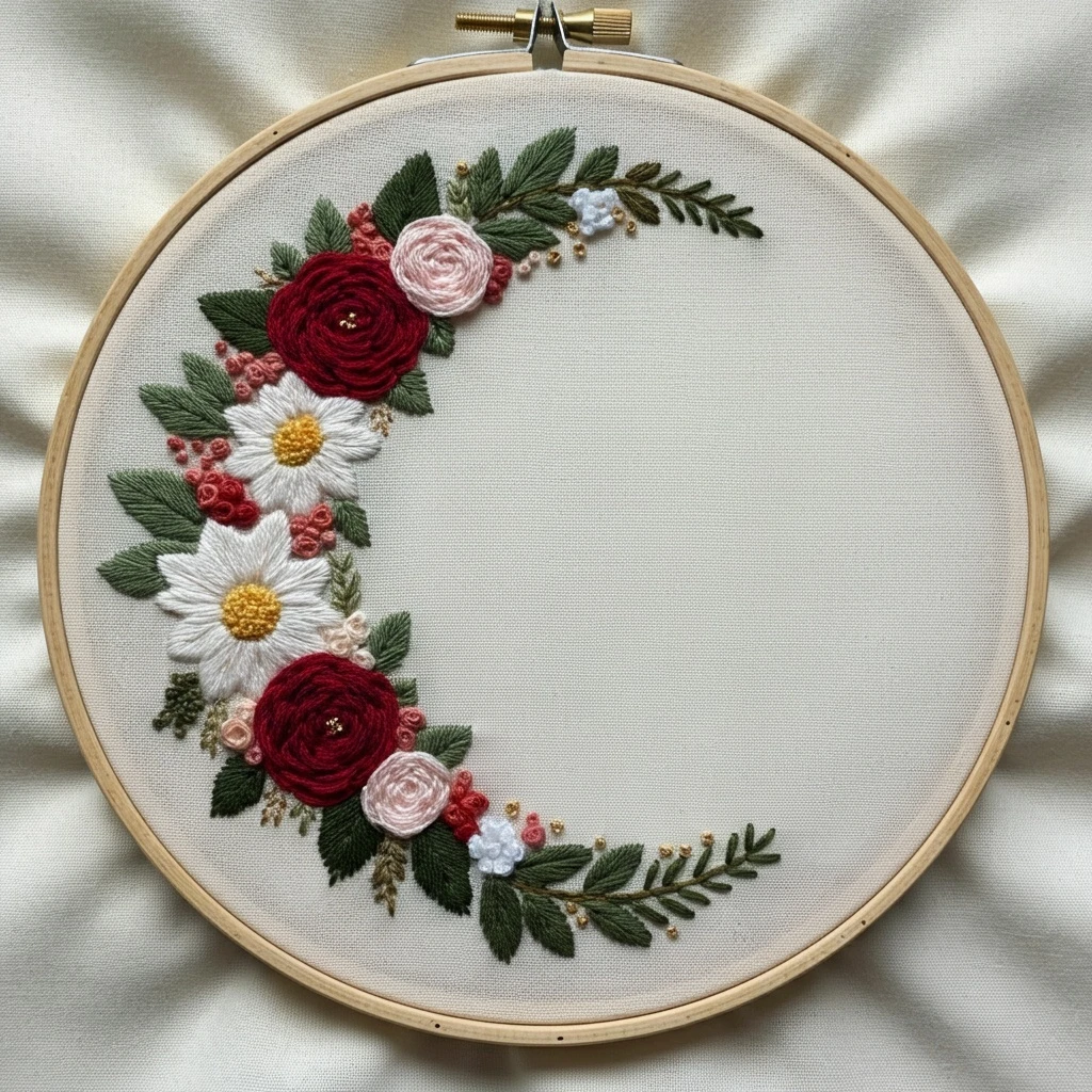 Crescent Floral Wreath Hand Embroidery