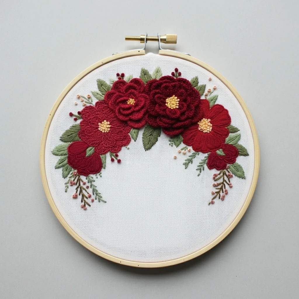 Crimson Floral Wreath Embroidery