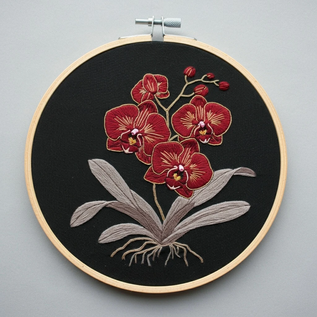 Crimson Orchid Elegance Embroidery Art