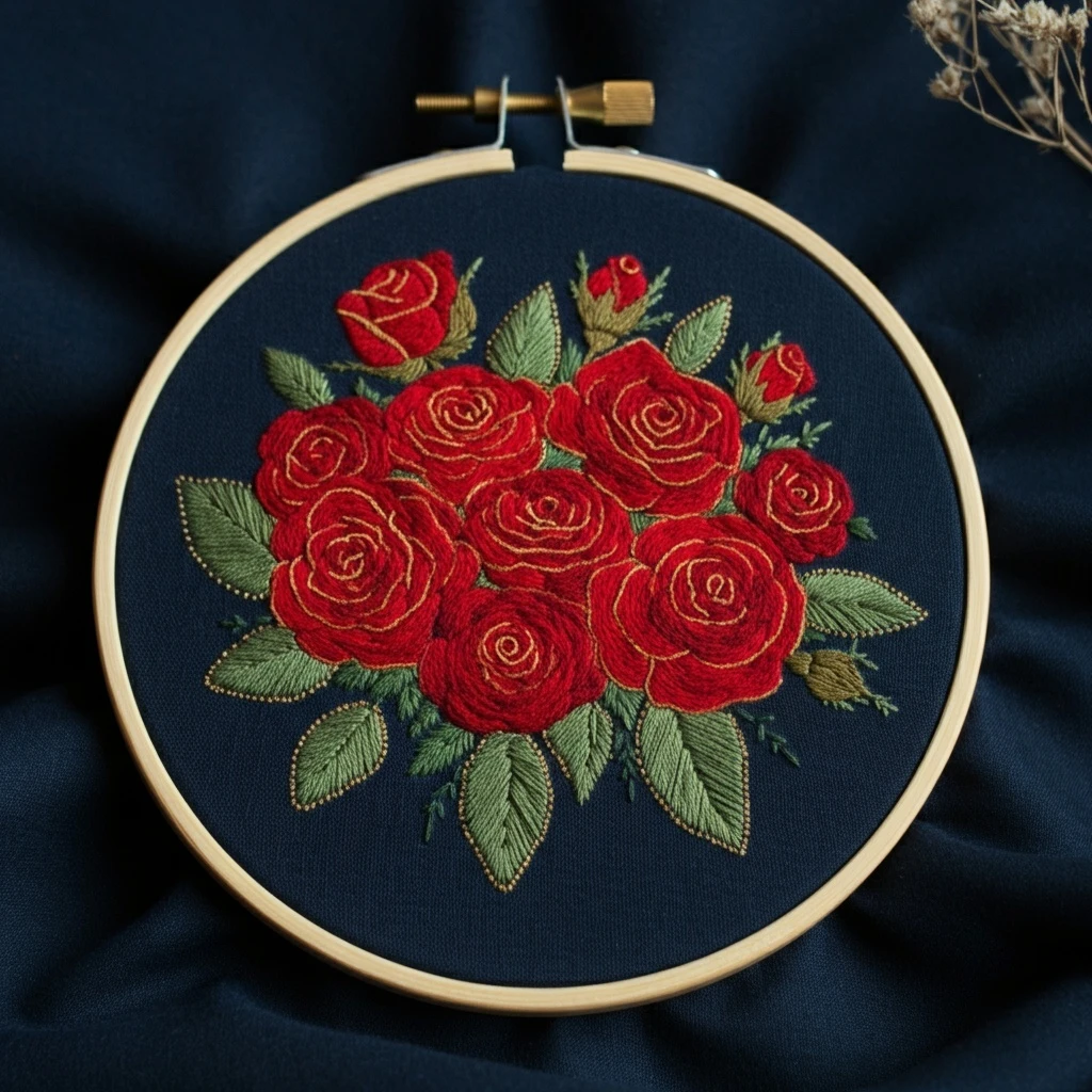 Crimson Rose Bouquet on Midnight Blue Embroidery Art