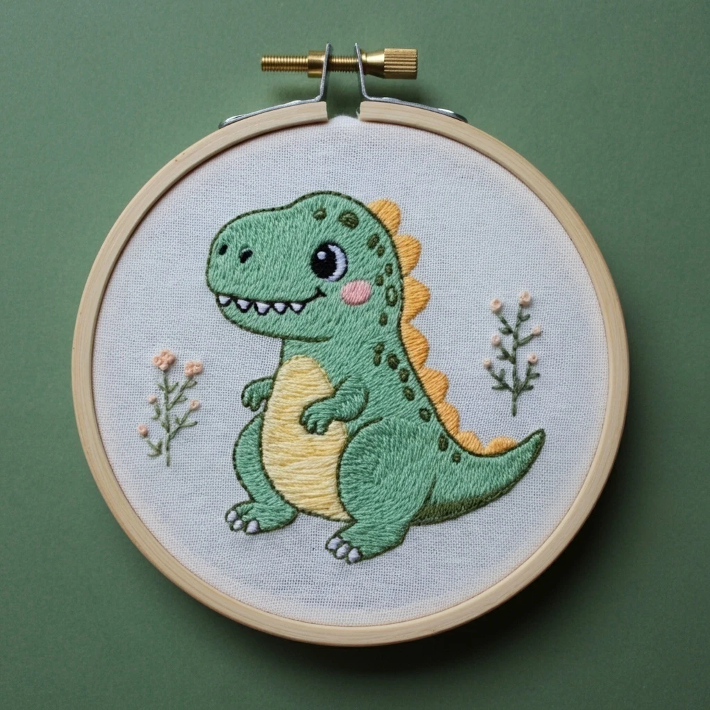Cute Baby Dino Embroidery Art