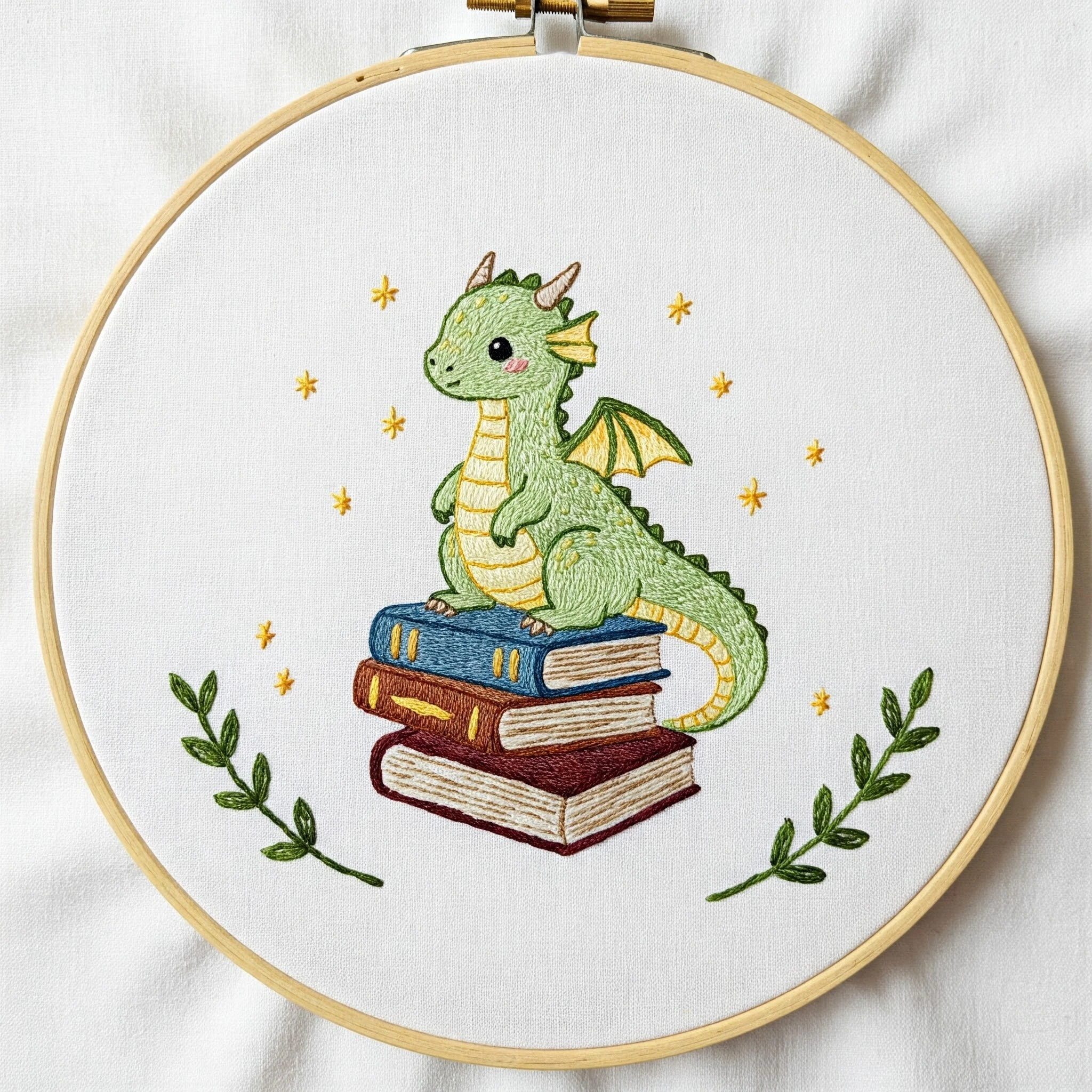 Cute Baby Dragon on Books Beginner Embroidery