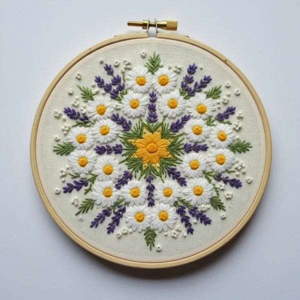 Daisy and Lavender Wreath Embroidery | Hand Embroidery Pattern PDF