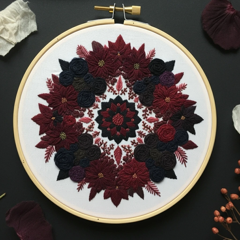 Dark Floral Mandala Hand Embroidery Hoop