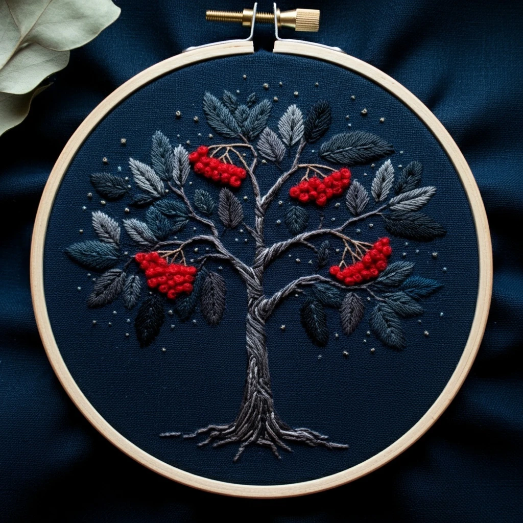 Dark Rowan Tree Berry Embroidery