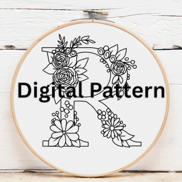 Deep Burgundy Floral Monogram 'R' | Hand Embroidery Pattern PDF