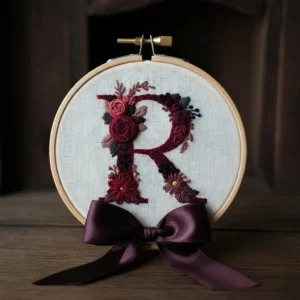 Deep Burgundy Floral Monogram 'R' | Hand Embroidery Pattern PDF