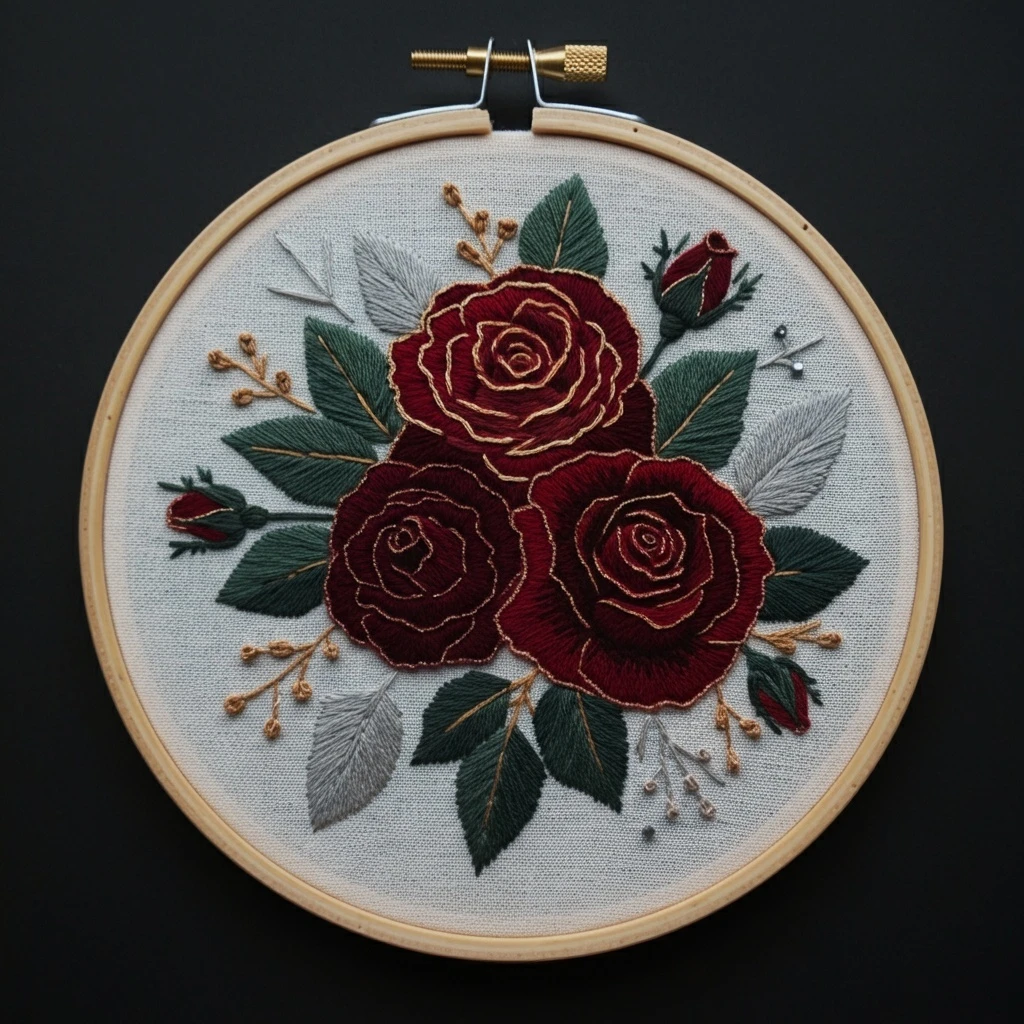 Deep Crimson Rose Bouquet Embroidery Art