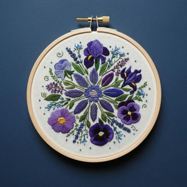 Deep Purple Iris & Pansy Embroidery Bouquet | Hand Embroidery Pattern PDF