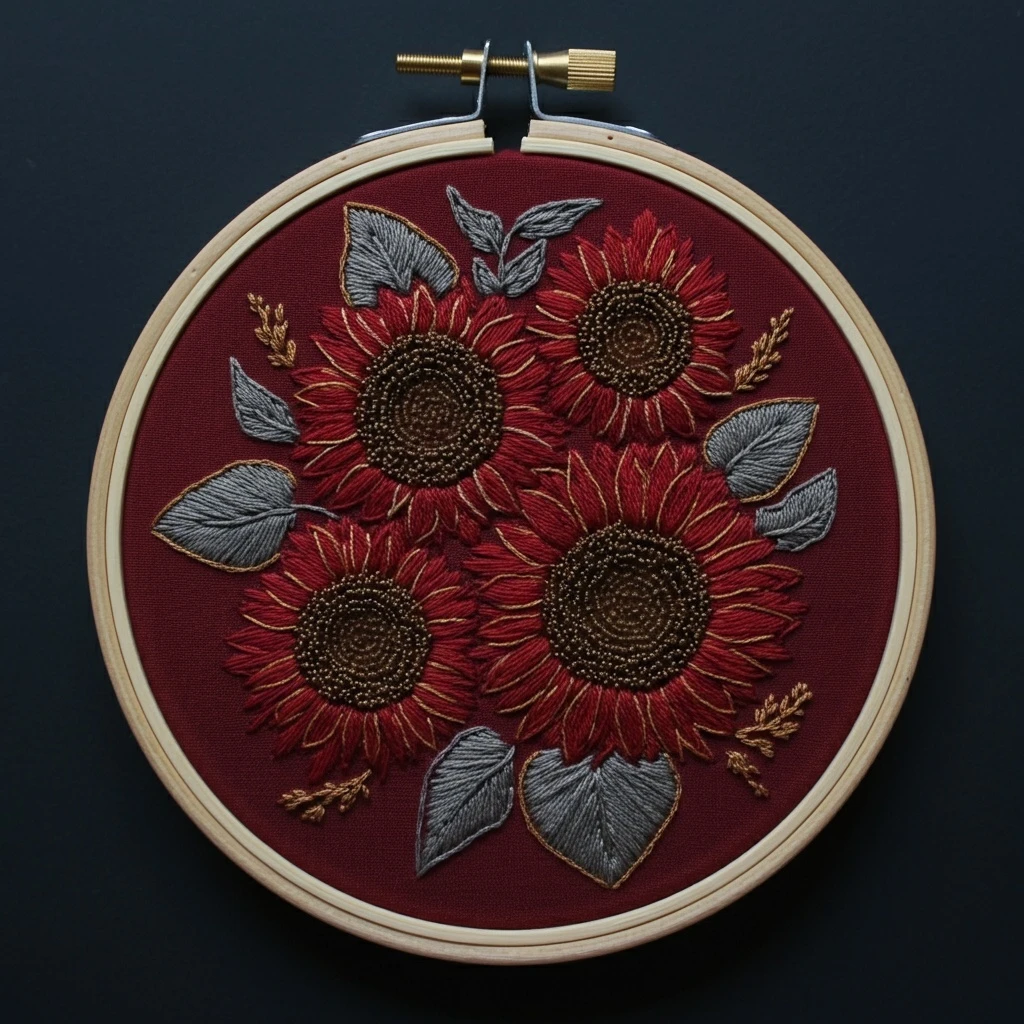 Deep Ruby Sunflowers Embroidery Art