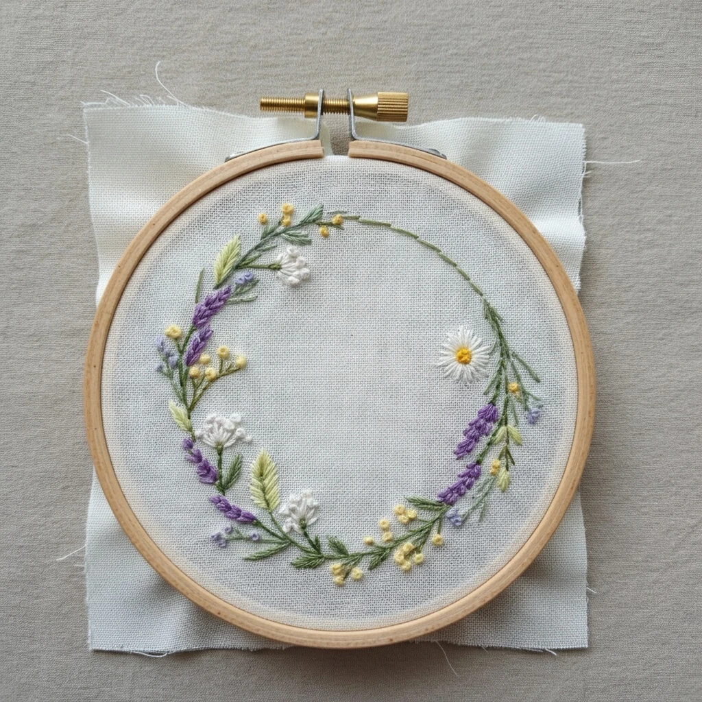 Delicate Lavender and Wildflower Stem Wreath Hand Embroidery Pattern