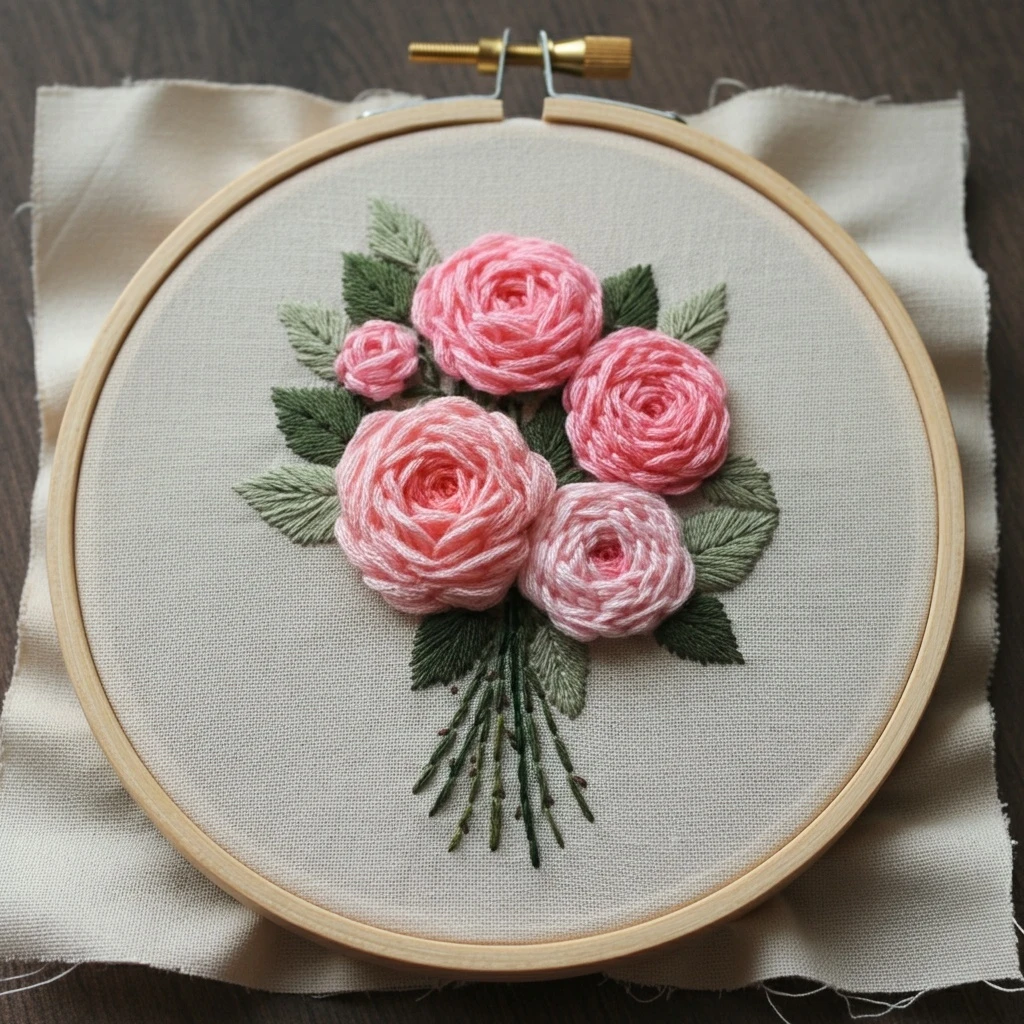 Delicate Pink Rose Posy Embroidery