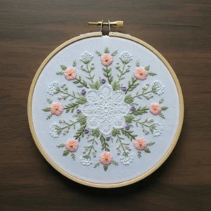 Delicate White Mandala and Pastel Pink Flowers | Hand Embroidery Pattern PDF