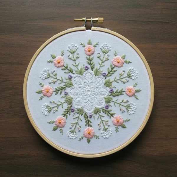 Delicate White Mandala and Pastel Pink Flowers | Hand Embroidery Pattern PDF