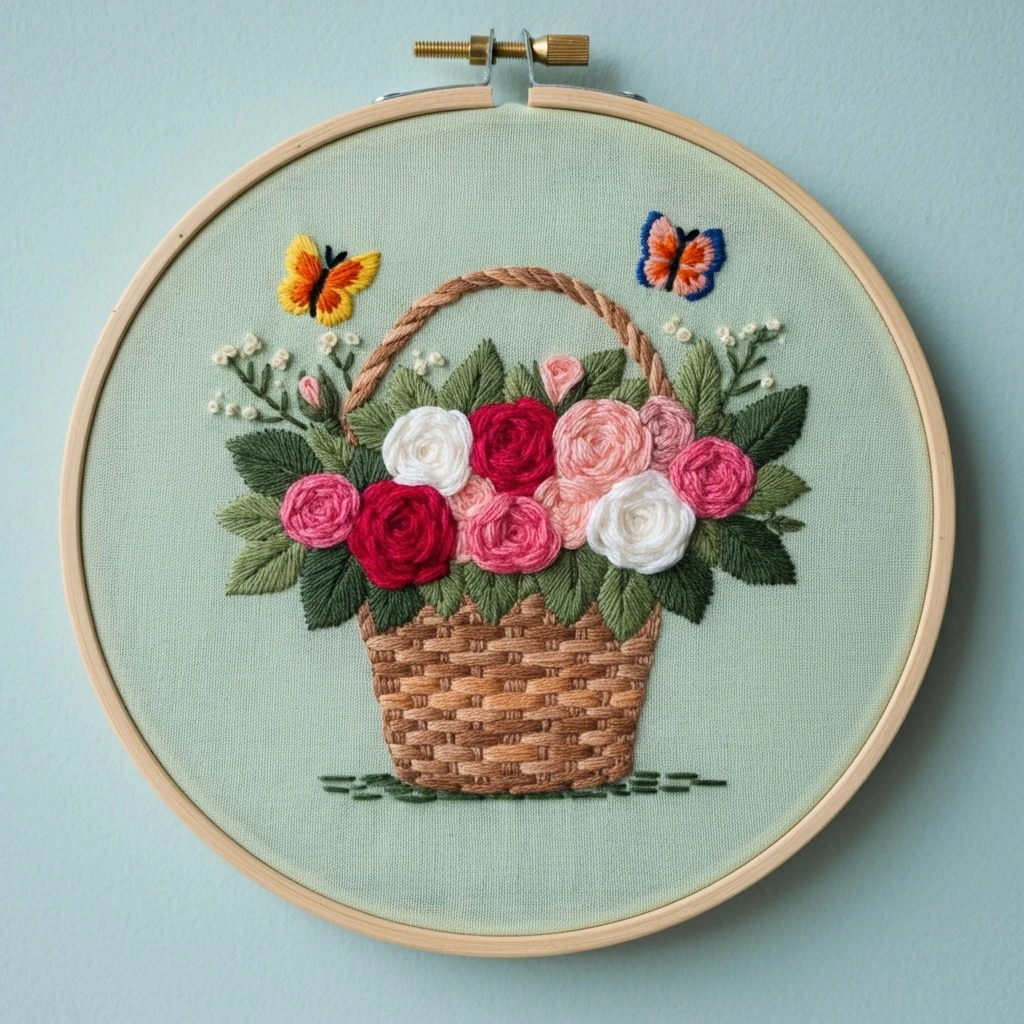 Detailed Floral Basket and Butterflies Hand Embroidery