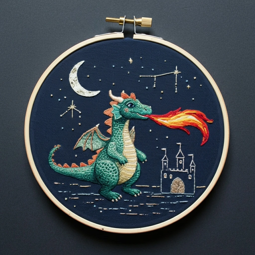 Dragon and Castle Night Embroidery