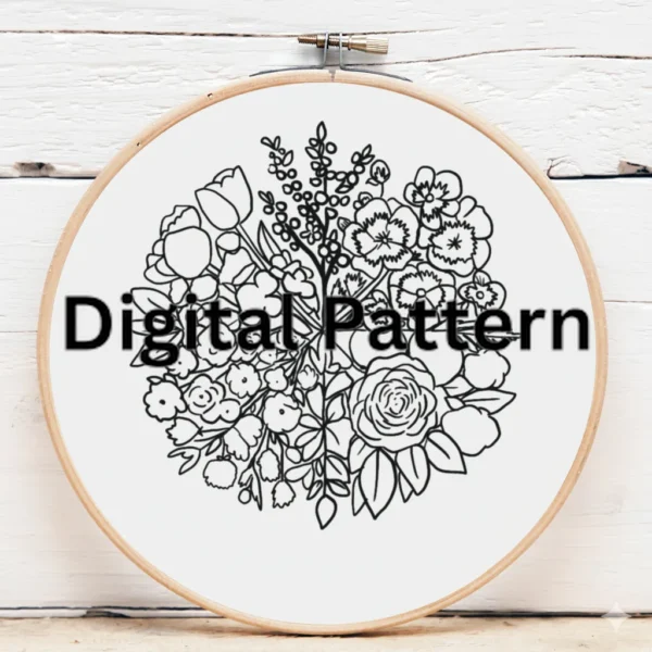 Duality in Bloom: Pink & Black Floral Arrangement | Hand Embroidery Pattern PDF