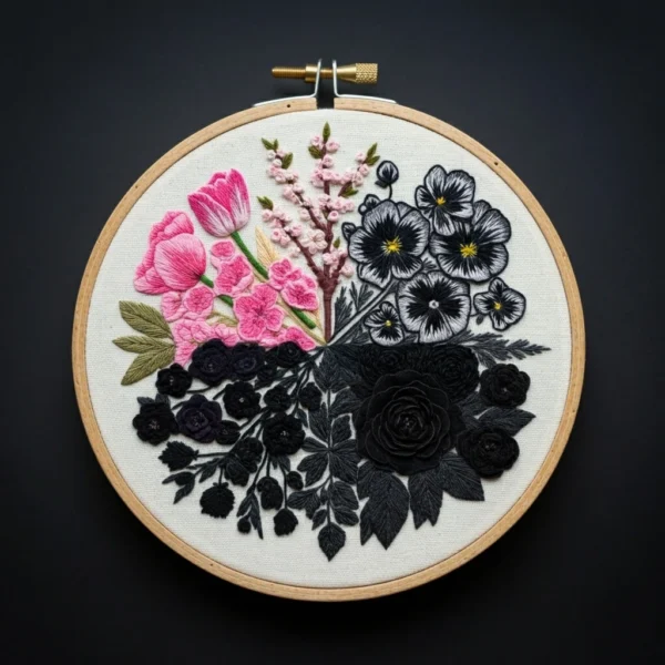 Duality in Bloom: Pink & Black Floral Arrangement | Hand Embroidery Pattern PDF
