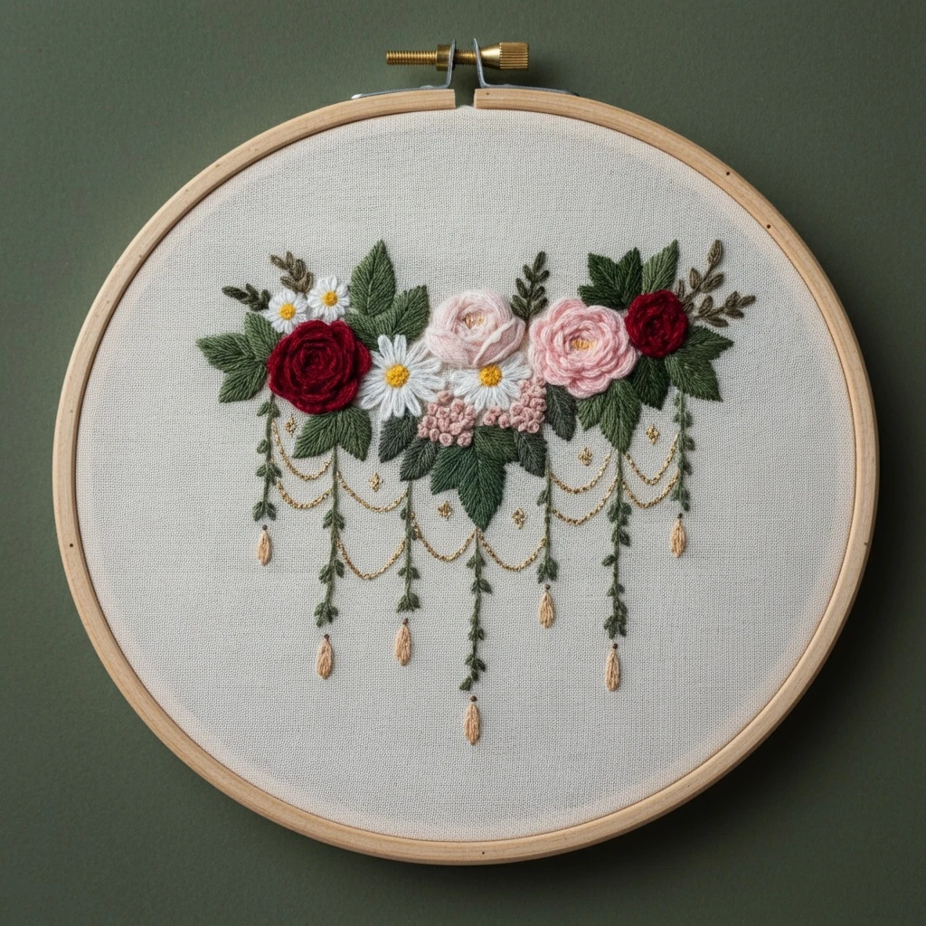 Elegant Hanging Florals Embroidery Art