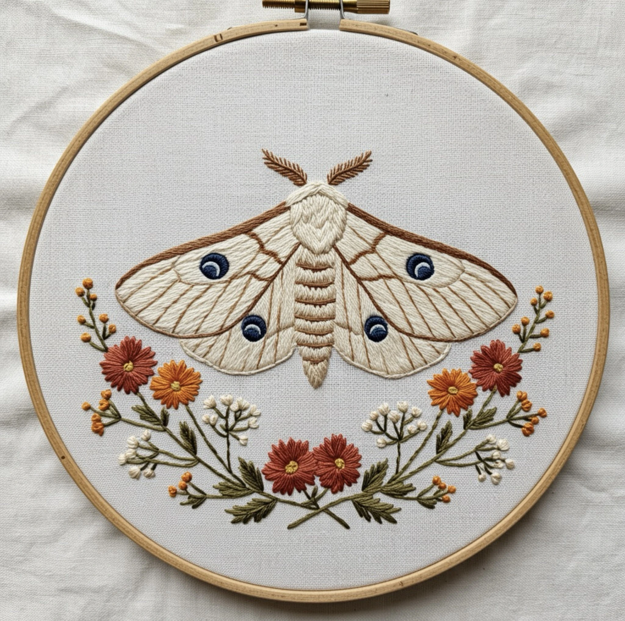 Elegant Moth and Floral Wreath Embroidery