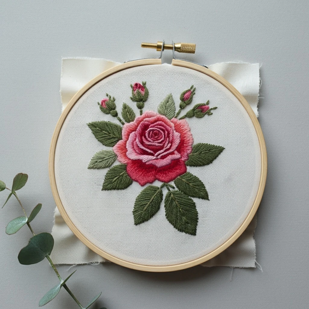 Elegant Rose and Bud Embroidery Design