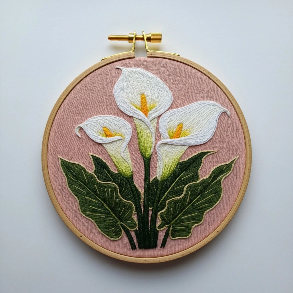 Elegant White Calla Lilies Hand Embroidery