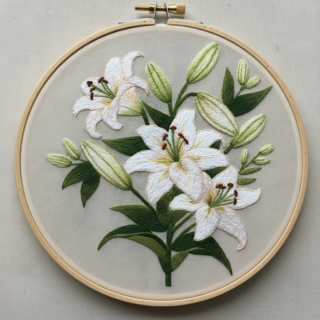 Elegant White Lily Floral Embroidery