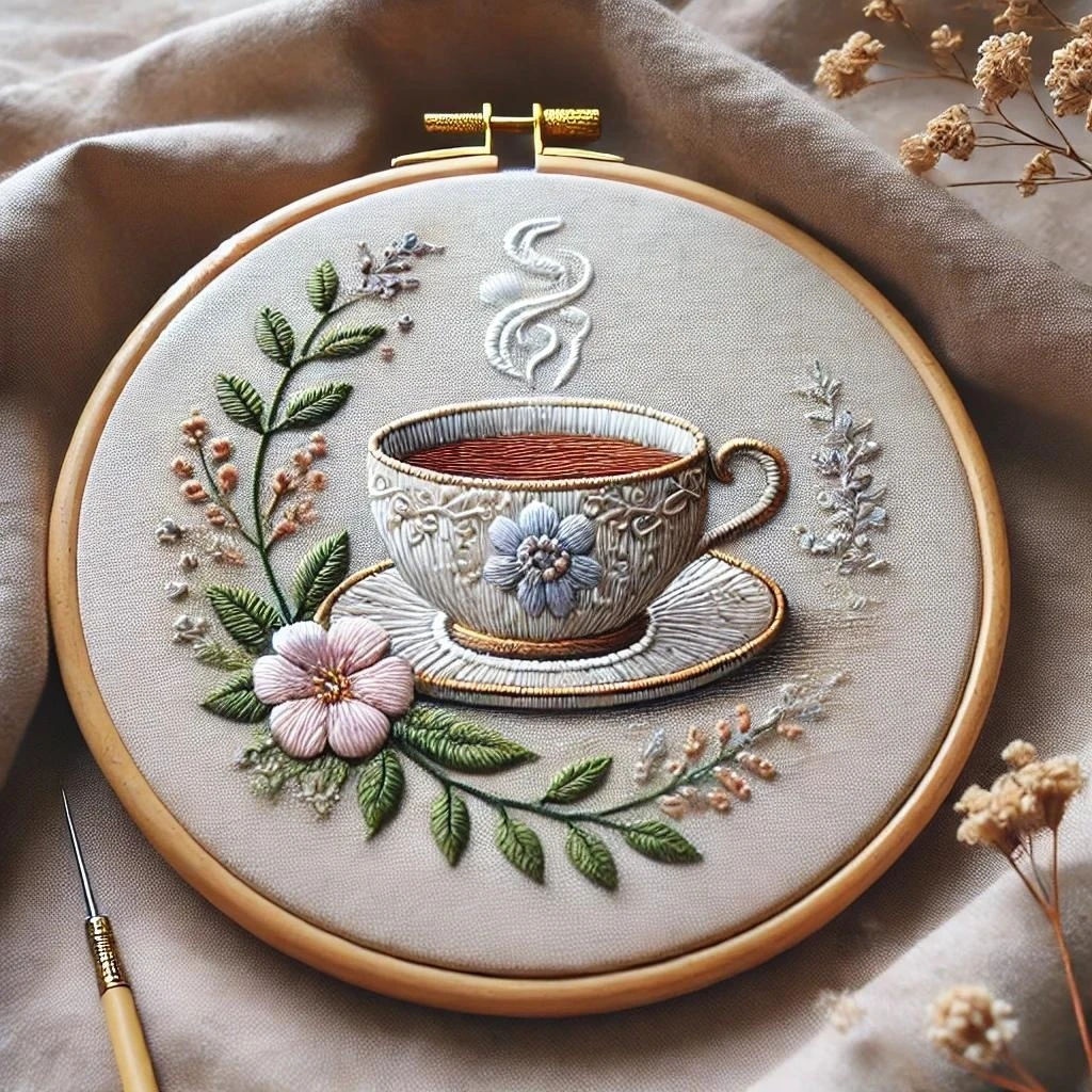 Embossed Tea Cup and Floral Wreath Embroidery
