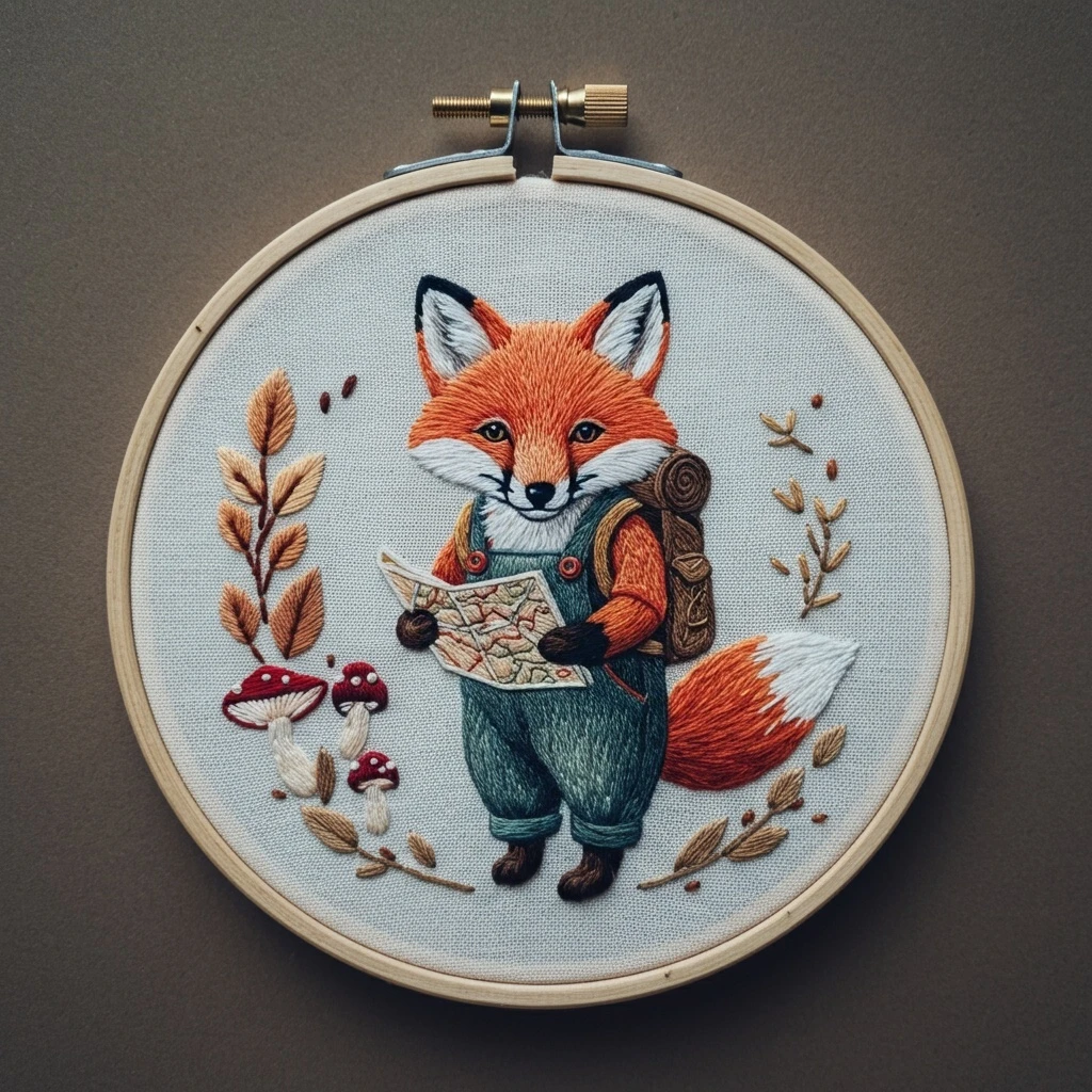 Embroidered Adventurer Fox with Map and Backpack