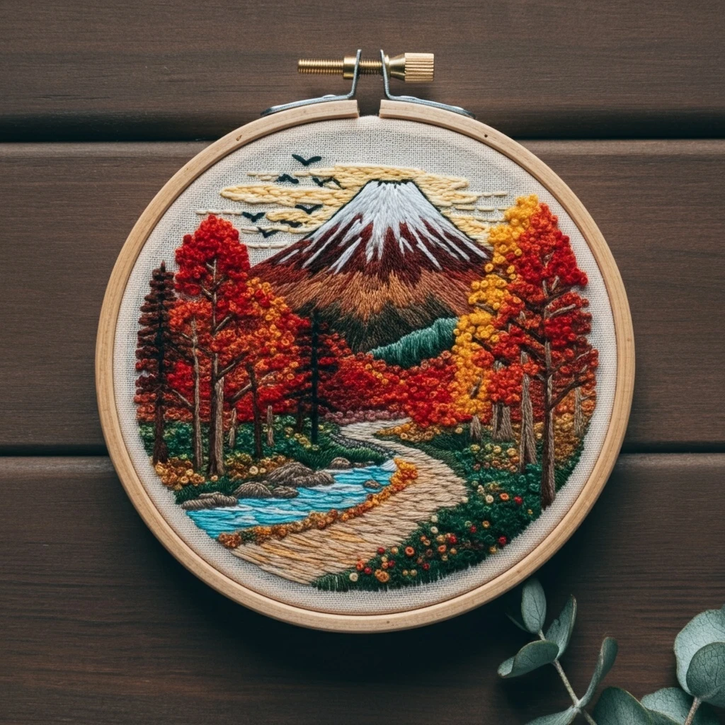 Embroidered Autumn Landscape with Mount Fuji