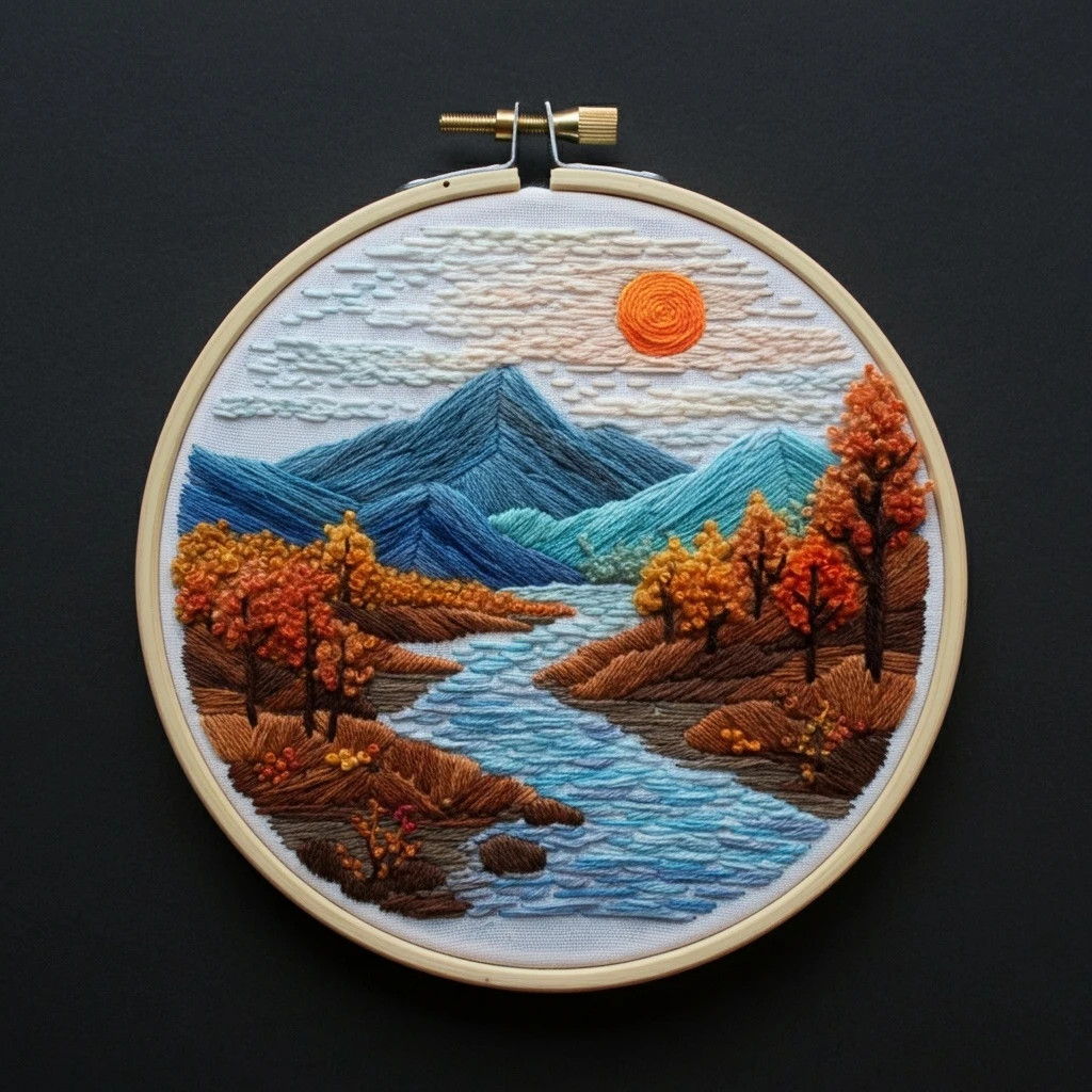 Embroidered Autumn Landscape with River and Mountains
